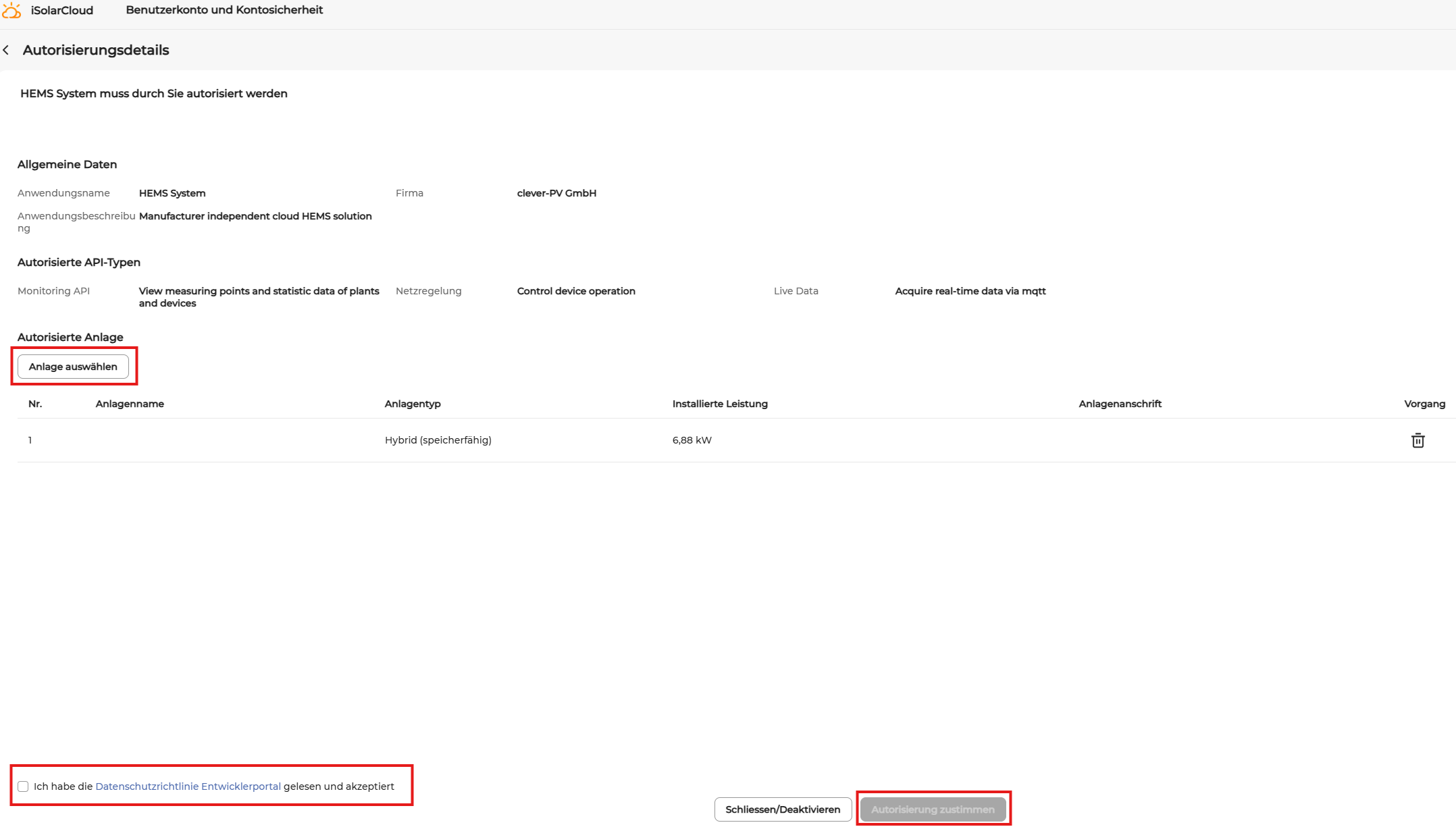Sungrow Autorisierungsdetails Screenshot
